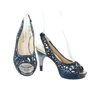 Fiorangelo $303 Sz 38 Navy Blue Open Toe Laser Cut Suede Marbled 4" Heel